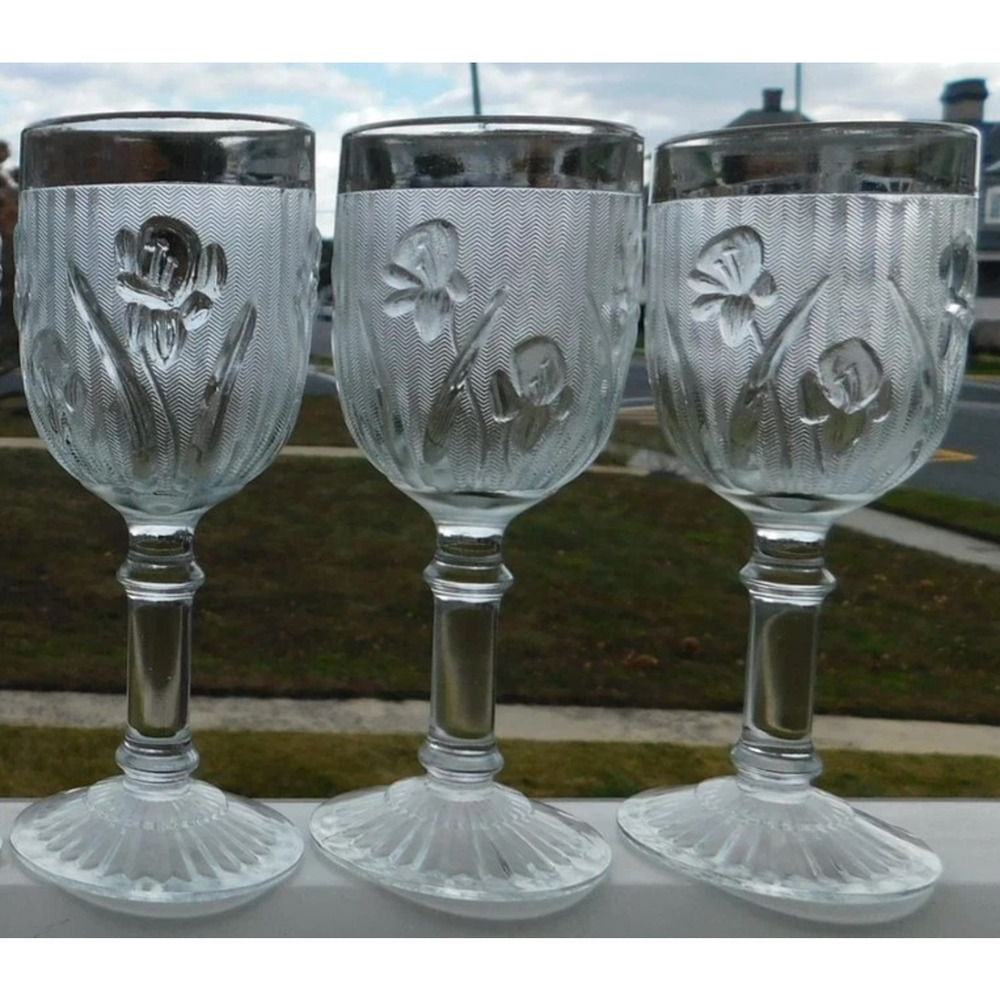 3 Vintage Iris & Herringbone Crystal Depression Glass Wine Goblets Jeannette Co.